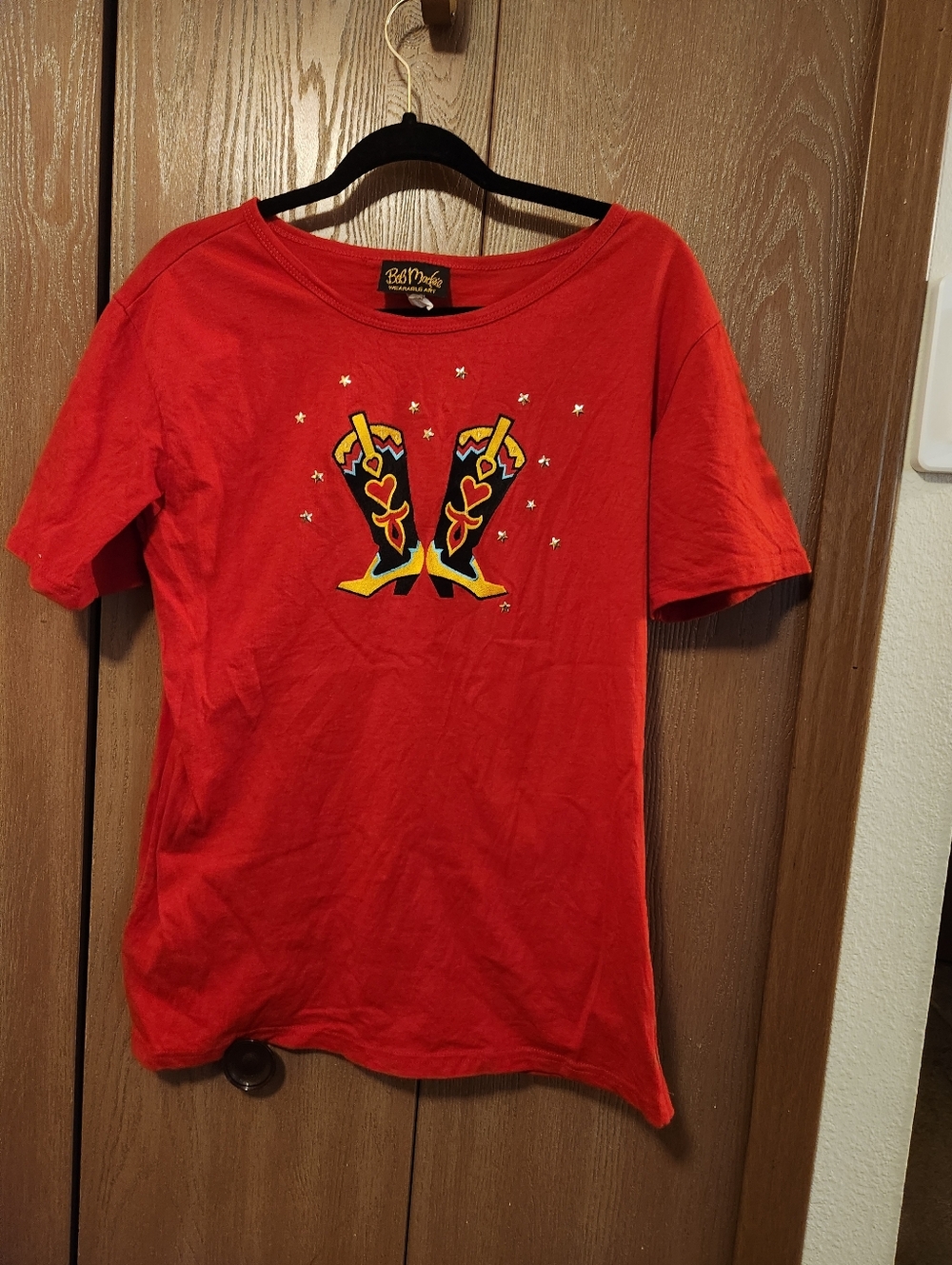 Cowgirl Boots Vtg T-Shirt Bob Mackie Wearable Art Red Embroidered Studded Size S